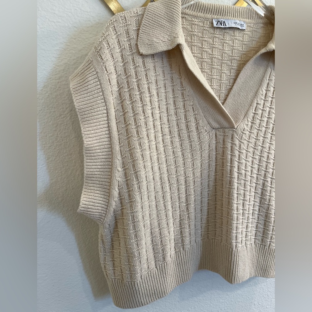 Zara Knit Polo Collared Vest Ecru Small Boxy Fit - Picture 10 of 12